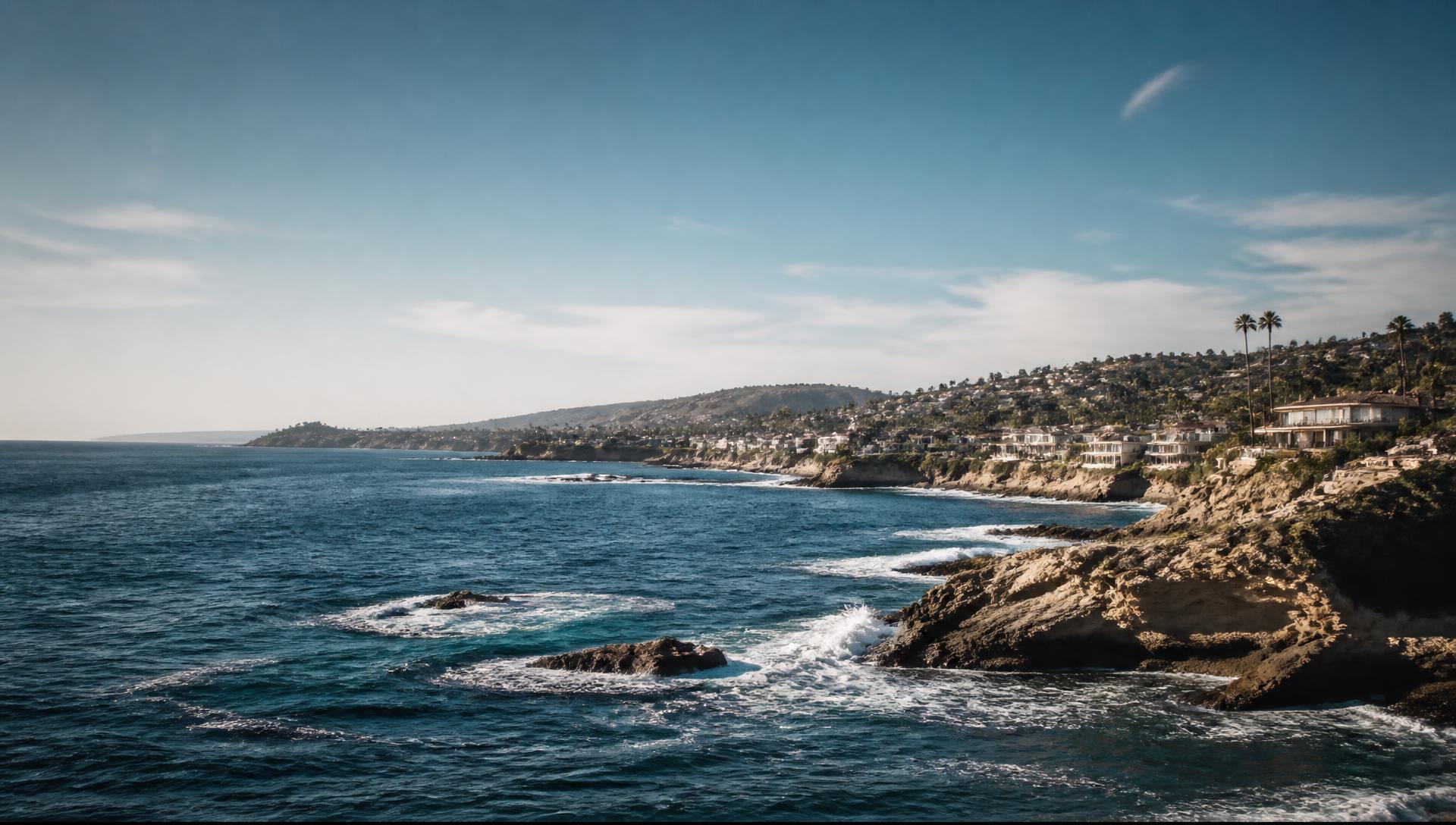 Waves breaking against the rocky coves of Laguna Beach, California